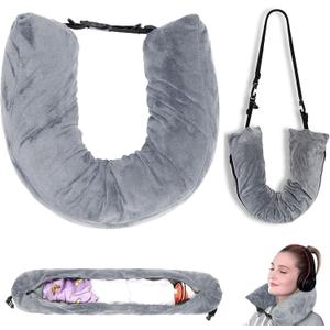 Stuffable Travel Neck Pillow with Storage for Extra Luggage Soft Fillable Travel Cushion for Airplane for Comfort on Long Flights, Gray