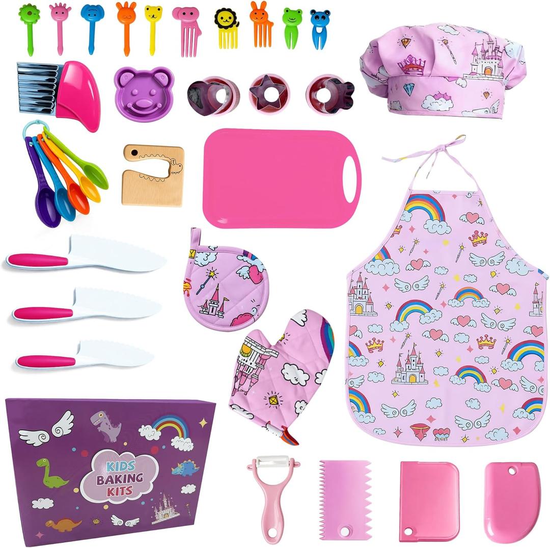 Kids Cooking and Baking Chef Set, Apron Chef Hat Accessories Complete Cooking Set, Dress Up Pretend Play Career Role Play Costume Toys Thanksgiving for Boys Girls (Pink)