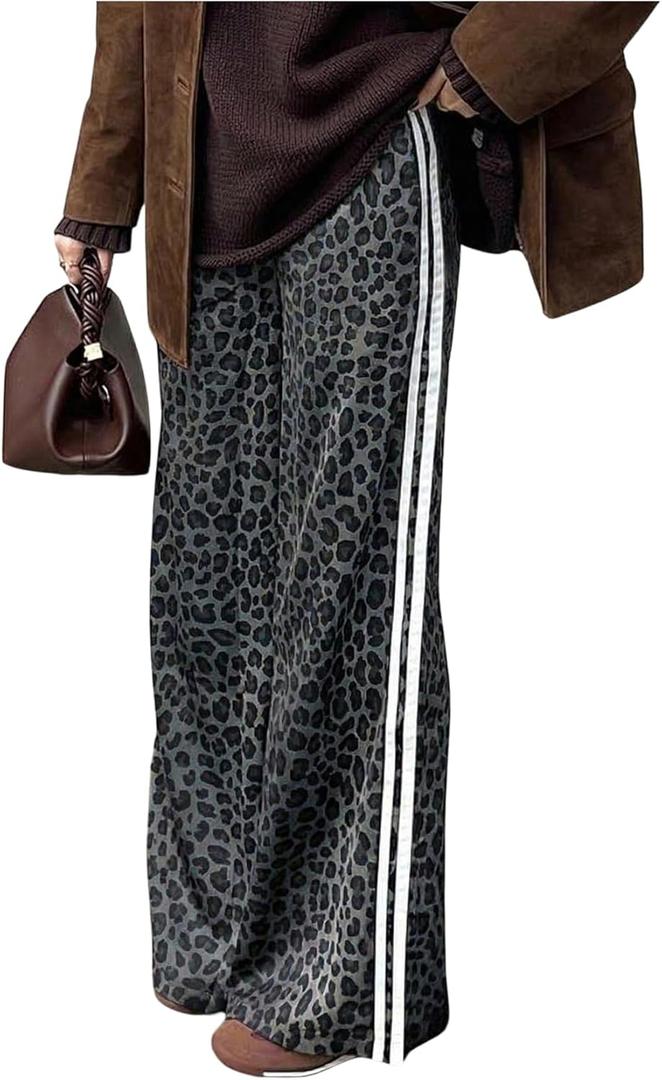 SHENHE Women's Cheetah Print Wide Leg Baggy Pants Y2k Side Loose Streetwear Trousers (X-Large, Dark Grey)