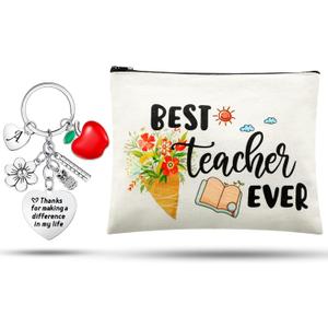 Fumete Teacher Appreciation Gifts Christmas Makeup bag with Initial Letters Keychain Best Teacher Ever Graduation Thank You Gift