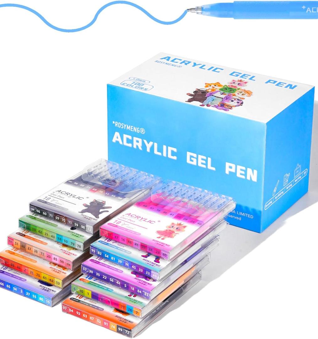 ROSYMENG Acrylic Gel Pens 100 Colors, Ultra‑Smooth 1.0mm Tip with Large‑Capacity Ink Pens, Multi‑Surface Coloring Pens for Journaling, Adults Coloring Books, Rock Painting, School and Art Supplies