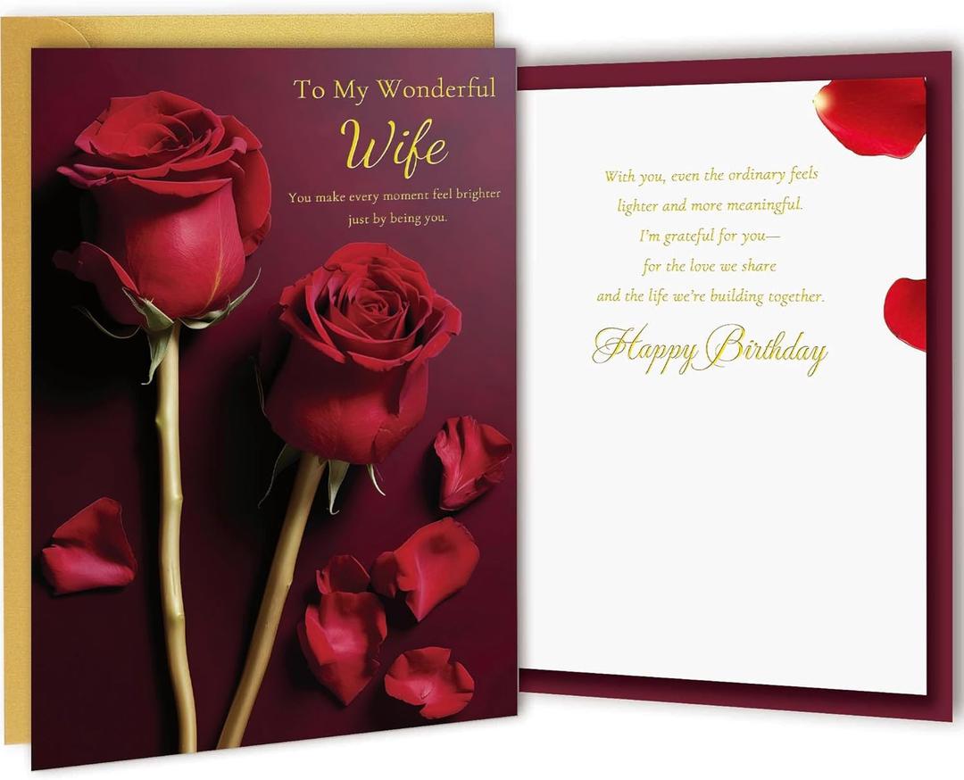 2 x Wife Birthday Card happy birthday - Double-layer card, Design with Gold Foil text, with envelope and Envelope sticker Heartfelt Message（5.6 x 8.1”）