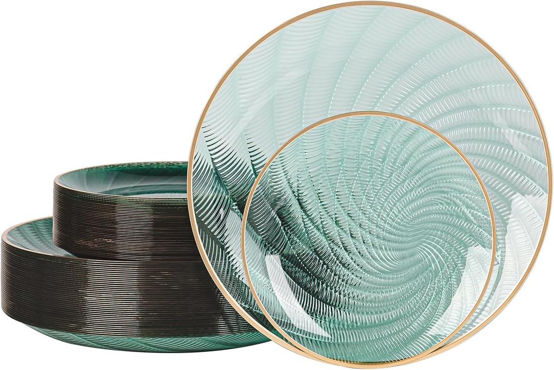80pcs Clear Green Disposable Shell Plastic Plates With Gold Rim, 10 inch 40 Dinner Plates and 7 inch 40 Dessert Plates for Party, Wedding, Birthday