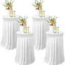 4 x Tegeme 4 Packs Round Spandex Cocktail Tablecloths with Skirt 32 x 43 Inch Cocktail Round Table Cover Spandex Stretch Square Tablecloth Skirt for Table Bar Wedding Party Banquet (White)