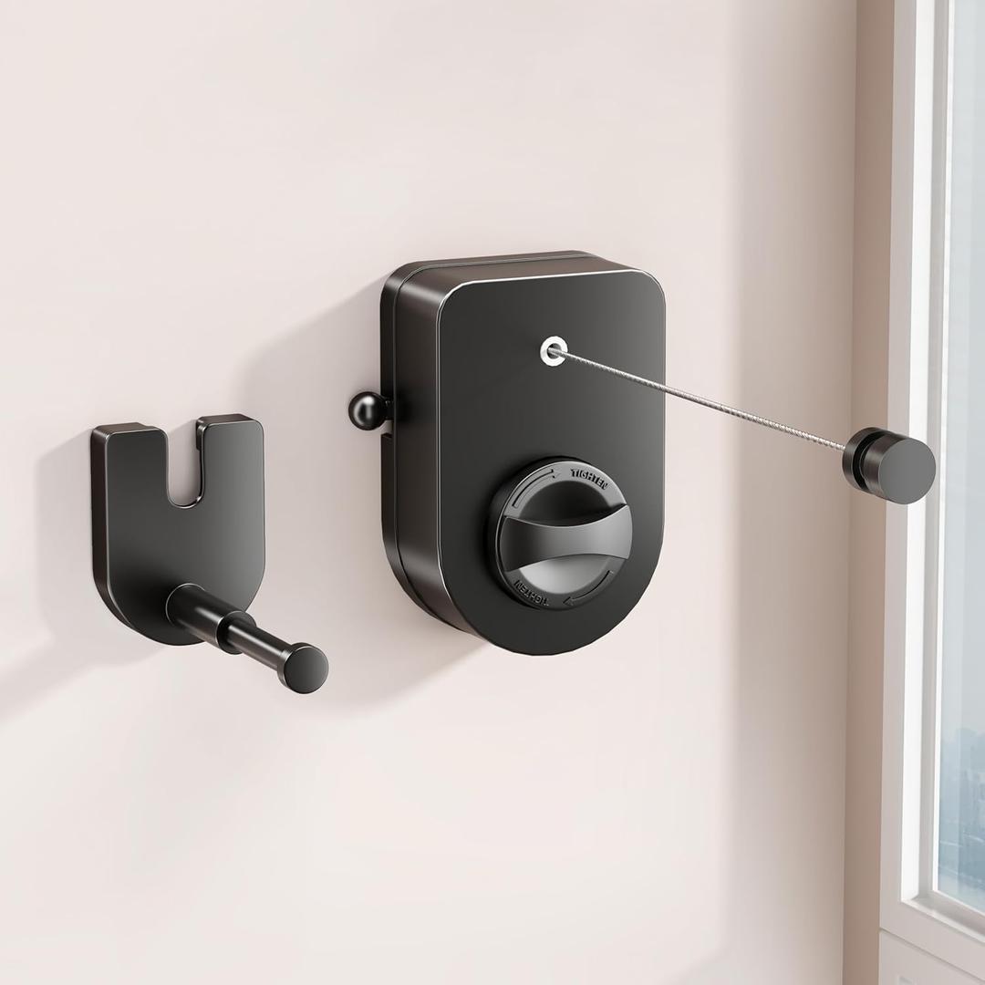 Retractable Clothesline Indoor, Non-Sagging Clothes Line Outdoors,13.7 Ft Heavy Duty Clothesline with Telescopic Hanging Rod, Wall Mounted Space-Saving Laundry Line (Black)