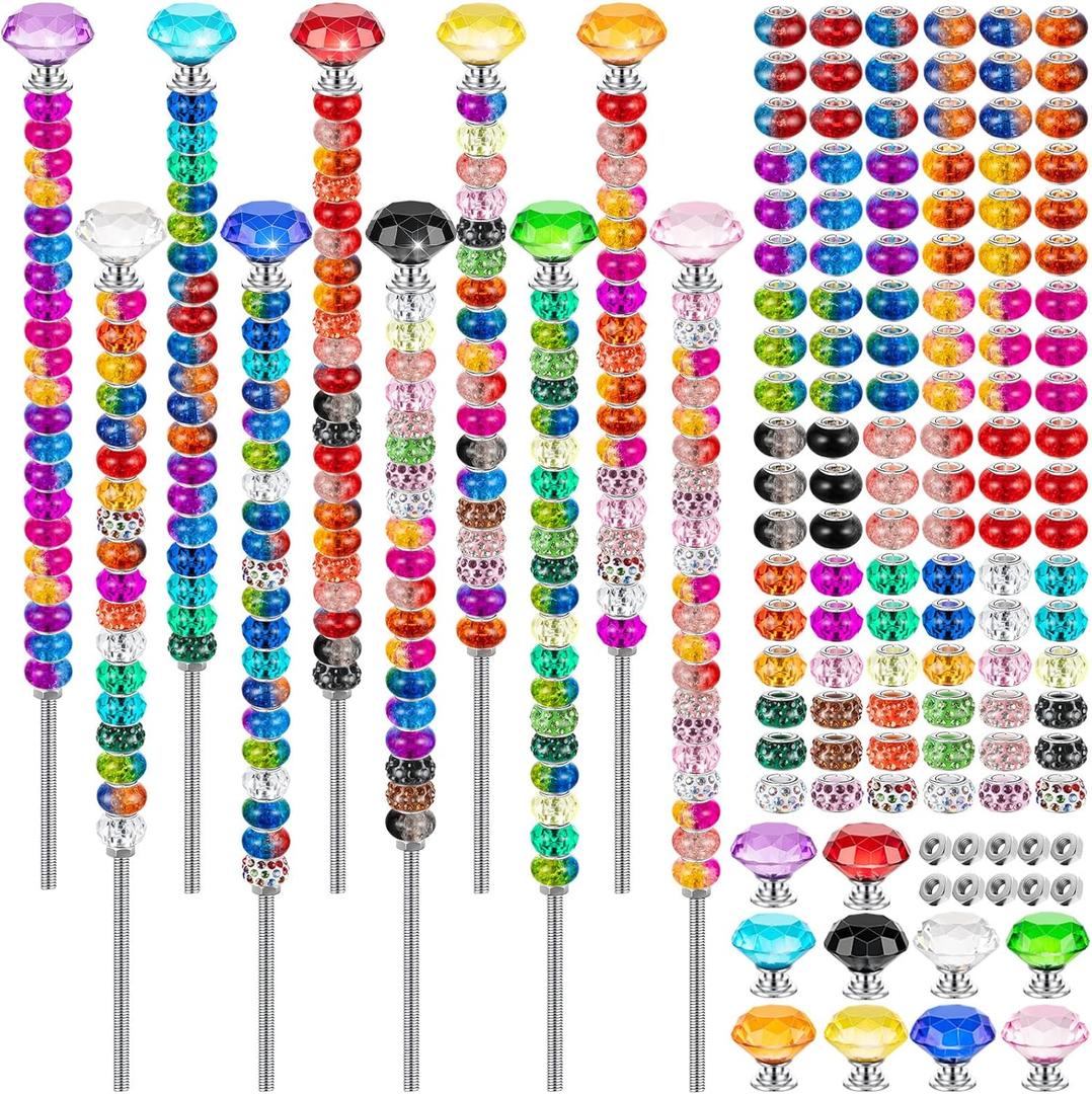 230 Pcs Beaded Garden Stakes, DIY Fairy Wand Garden Stake Beads Kits with 200 Colorful Assortment Round Large Hole Beads with 10 Crystal Stopper Top, 10 Threaded Rod and 10 Nuts for Outdoor Decoration (10 IN Diamonds)