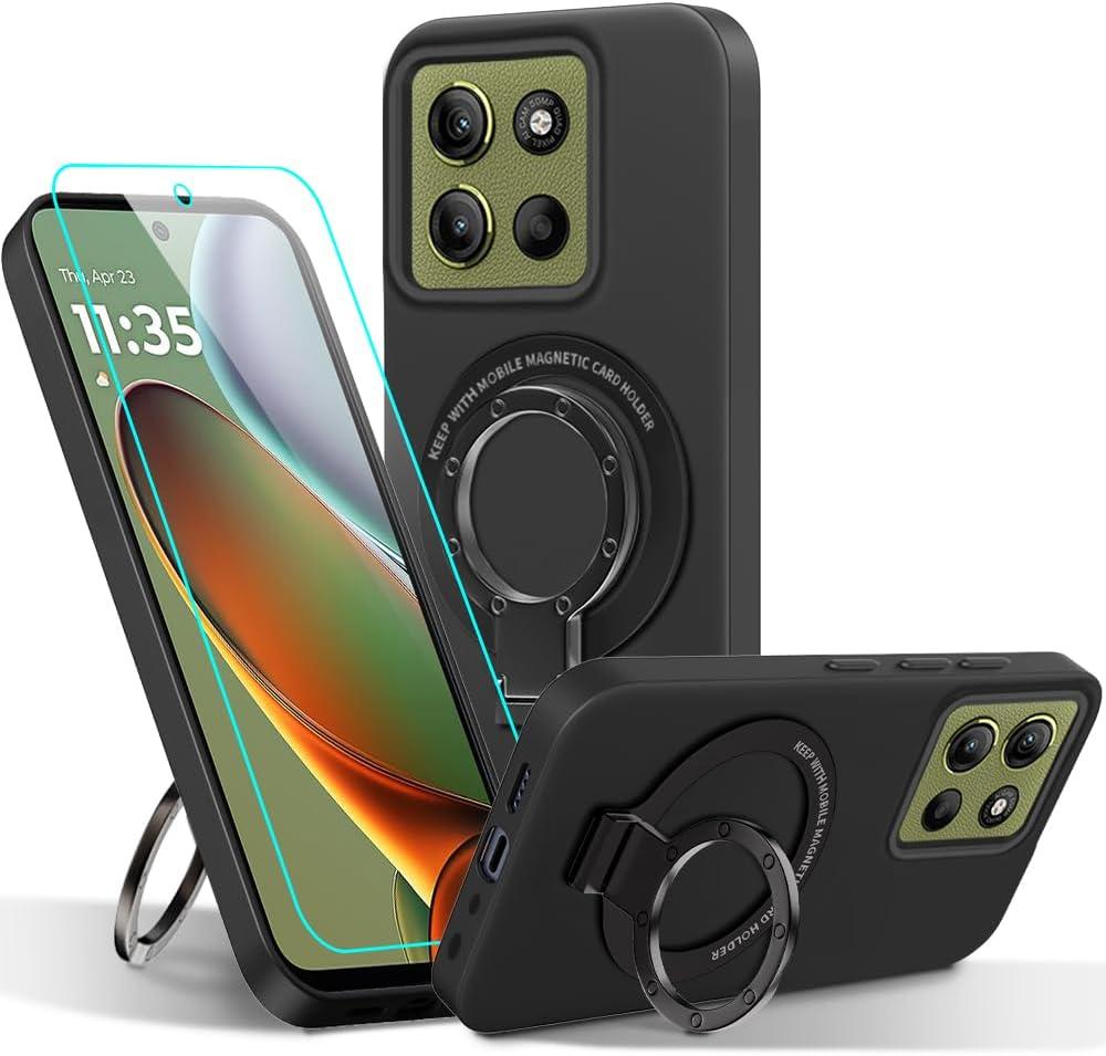 Compatible for Motorola Moto G 5G/Play 4G 2025 Phone Case, Metal Ring Holder Kickstand/Stand Silicone Protective Cover Case for Motorola Moto G 5G/Play 4G 2025 - Black