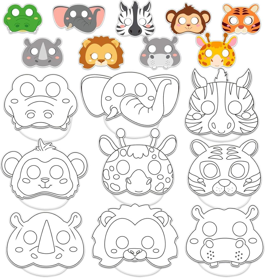 36 Set Animal Coloring Mask Jungle Paper Art Craft Kids Color Your Own Safari Lion Blank DIY Mask Masquerade Birthday Party Dress-Up Decoration Favor School Classroom Activity Game Supplies