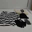 JUANSI Adult Halloweent Robber Costume Set Black and White Striped Tee Shirt Canvas Bag Gloves Eye Patch and Beanie Cap (Small, Male)