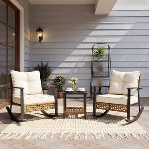 EO Living 3 Piece Rocking Patio Bistro Set, Outdoor Bistro Sets Wicker Patio Furniture Rocking Chairs Sectional Couch and 2-Tier Coffee Table for Garden, Balcony, Backyard (Beige), Large