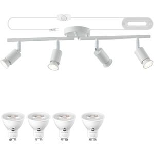 Dimmable Plug in Track Light White 4 Light Plug in Ceiling Lighting Fixture with 16.4' Long Cord,4 Way Ceiling Spotlight,Rotatable Wall Mount Light Head,LED dimmable Spot Bulbs Included