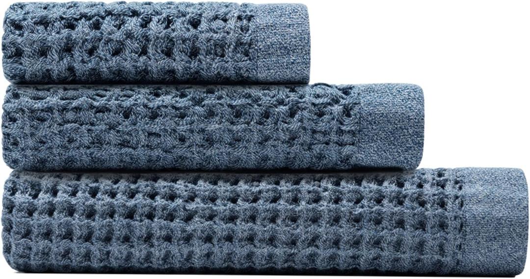 ONSEN Waffle Bath Towel Set – 3-Piece Lightweight Cotton Towels for Bathroom – Bath, Hand and Face Towels – Quick Dry, Absorbent, Soft – Ideal for Guest, Travel or Home – Denim Blue