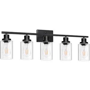 Ascher 5-Light 37.8" Wall Sconces, Modern Vanity Light Fixture with Clear Glass Shade, Black Finish Wall Light for Mirror Bedroom Hallway, E26 Base (Bulbs Not Included)