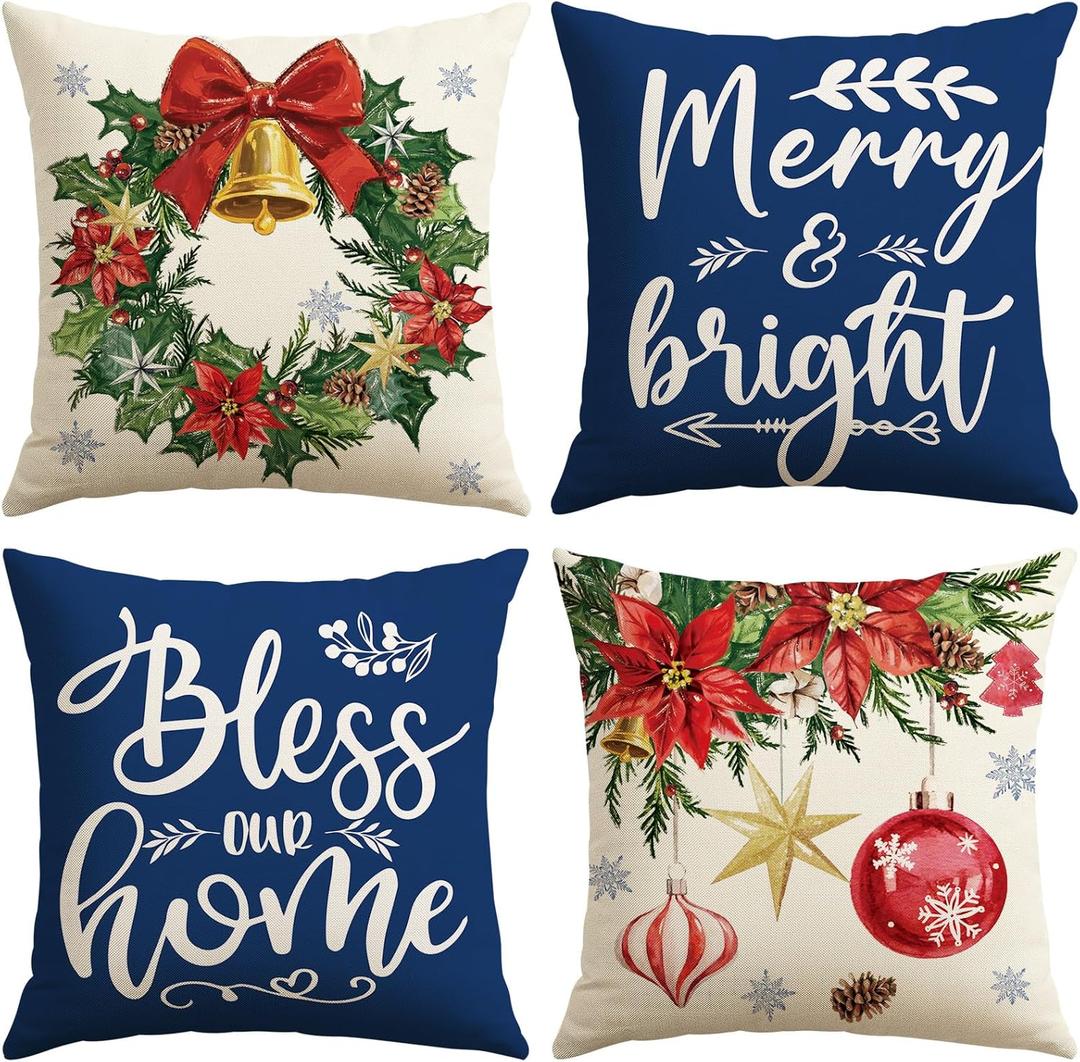 OTOSTAR Set of 4 Blue Christmas Throw Pillow Covers 18x18 Inch Winter Xmas Decorative Pillow Case Cover for Sofa Living Room Holiday Decor (Blue- Christmas Wreaths and Bells)