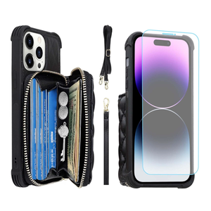 MONASAY Zipper Wallet Case Fit for iPhone 14 Pro Max, 6.7in [Glass Screen Protector ][RFID Blocking] Flip Leather Handbag Phone Cover with Card Holder and Crossbody Lanyard Strap, Black