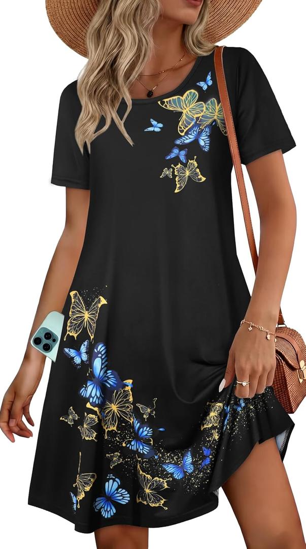 Womens Summer Dresses Beach Casual Loose Tshirt Floral Short Sleeve Flowy Pockets Sundresses 2026, M