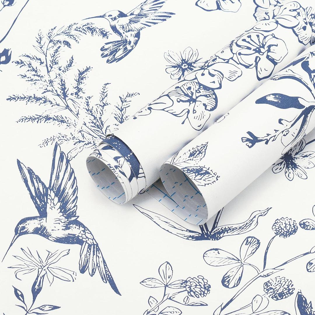 Safiyya Peel and Stick Modern Wallpaper Floral Birds Contact Paper Blue and White Wallpaper Boho Removable Self Adhesive Wall Paper Vinyl Rolls 393"x17.3"