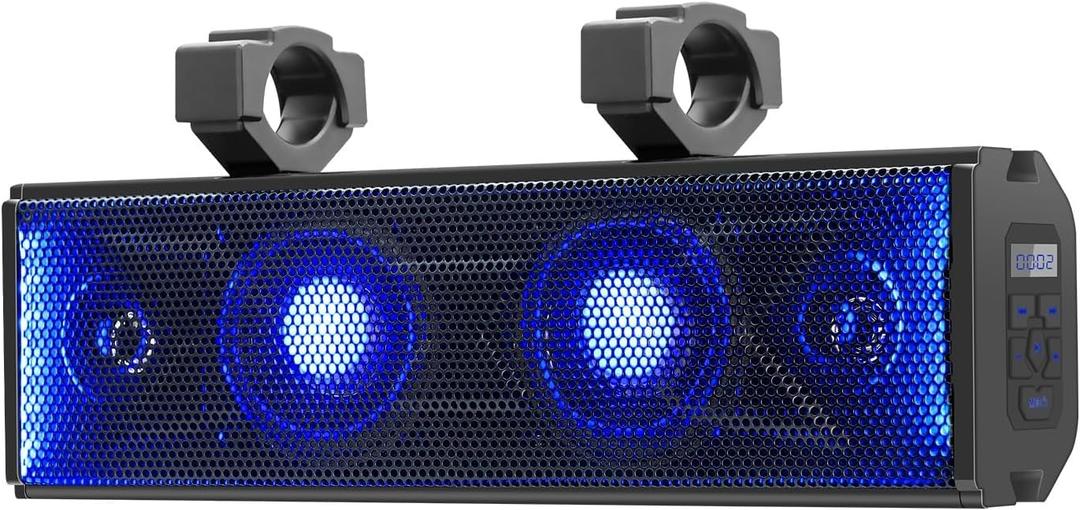 UTV Sound Bar 17 Inch 4-Speaker ATV SoundBar UTV Sound System SXS Speakers Waterproof Bluetooth Connectivity with Multicolor LED Lighting for UTV ATV Golf Cart Marine Boat