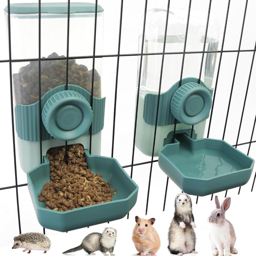 Automatic Gravity Pet Feeder Water Dispenser with Adjustable Hanging Hook - Large Capacity for Small/Medium Animals (Guinea Pigs, Cats, Rabbits, Hedgehogs, Ferrets) (Blue) (35oz)