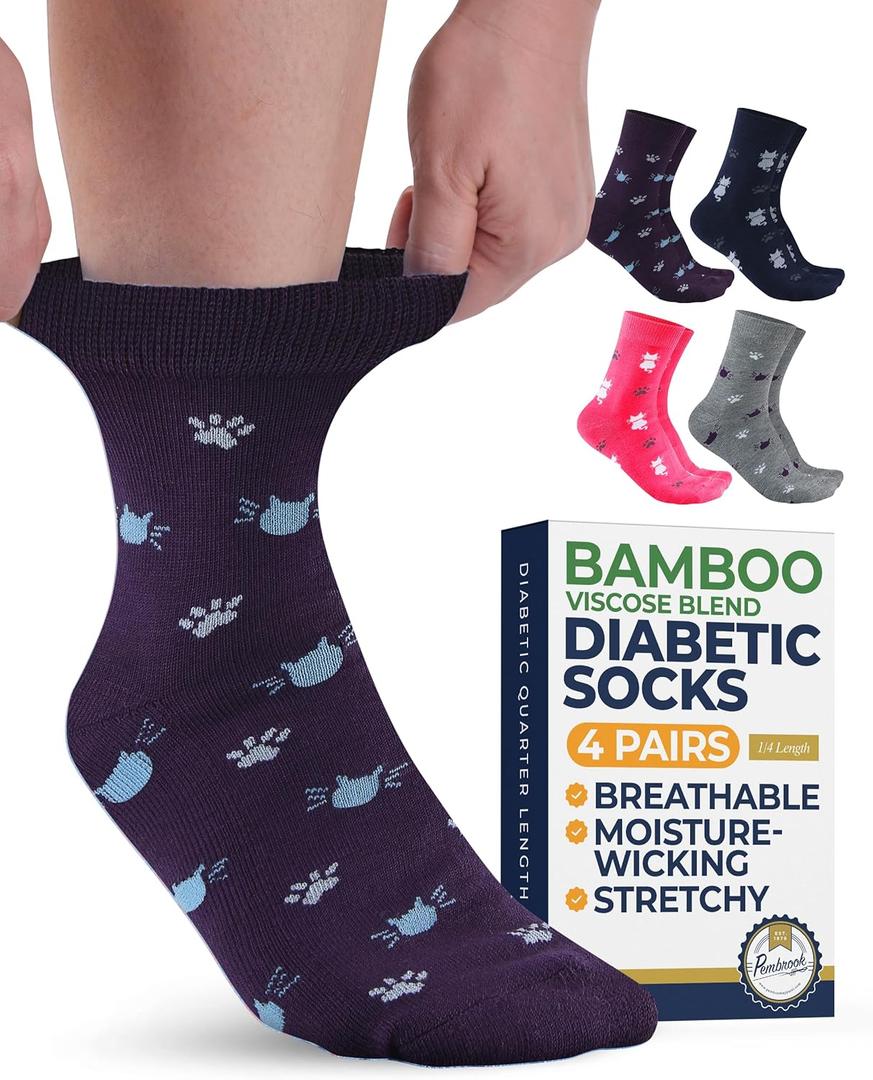 Pembrook Ankle Diabetic Socks for Women & Men - 4 Pairs Cats (Gray, Navy, Purple, Pink), Diabetic Plus Size Socks for Neuropathy (Medium)
