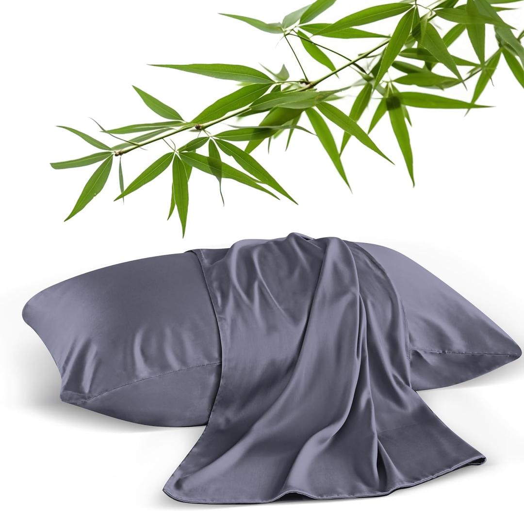 2 Pack Cooling Pillowcases for Hot Sleepers & Night Sweats, 400 TC Bamboo Viscose Pillow Protectors, Zippered Pillow Cases King Size, Breathable Silky Soft Pillow Covers, Dark Grey, 20x36