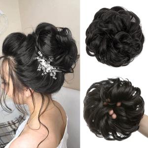 CJL HAIR Large Messy Bun Hair Piece Wavy Curly Scrunchies Synthetic Chignon Ponytail Hair Extensions Thick Updo Hairpieces for Women Off Black