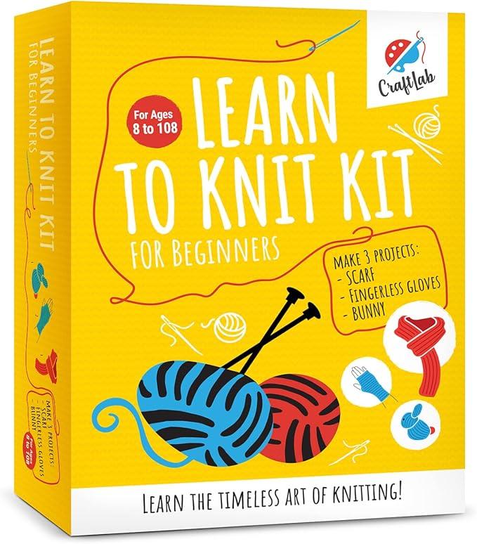 CraftLab Knitting Kit for Beginners, Kids Adults Seniors Includes All Knitting Supplies: Wool Yarn, Knitting Needles, Yarn Needle and Instructions – Fantastic DIY Gift Learn to Knit Arts & Crafts Kit