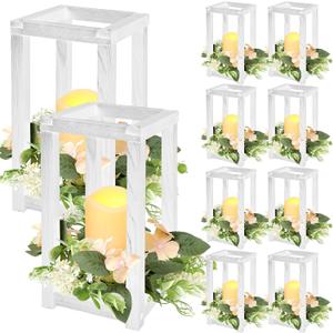 Hushee 30 Pcs Wooden Wedding Lantern Centerpiece Integrated Holders with Candles and Wreaths Rustic Wooden Candle Lantern Decor for Wedding Party Table Valentine Decor (Yellow)