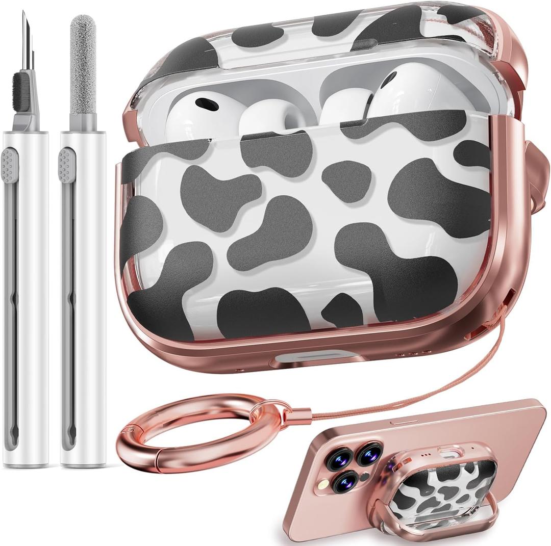 Inesore for AirPods Pro 3 Case 2025 with Lock, for Women Girly Floral Cute Case Compatible with Apple Airpods Pro 3rd Generation Cover, with Phone Stand,Keychain & Cleaner Kit- Cow Print