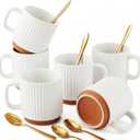 6 Set Ceramic Coffee Mugs with Gold Spoons, 8.8 oz Textured Ribbed Coffee Cups for Latte & Cappuccino, Modern Farmhouse Tea Mugs with Handle, Dishwasher & Microwave Safe(White)