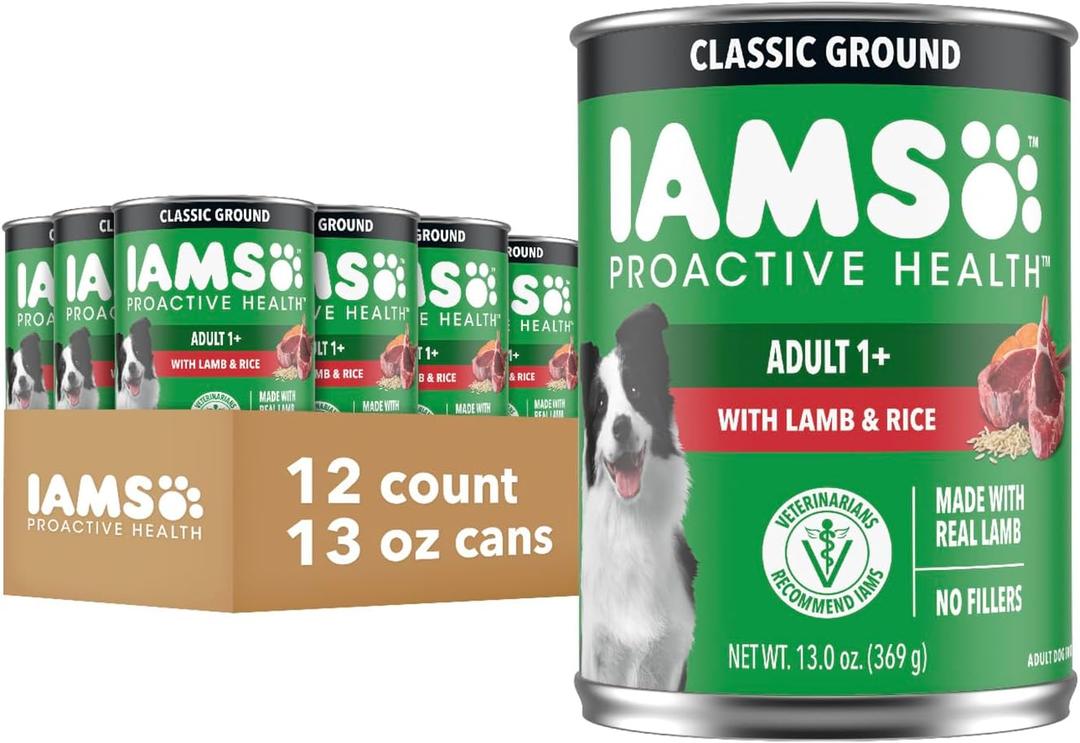 IAMS Proactive Health Wet Dog Food, Adult Wet Dog Food Multipack Ground Dinner, Lamb & Rice, 13 oz. Cans (Pack of 12) (EXP 04/13/28)