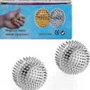GRUNIL Massage Ball, Magnetic Balls, Hand Spiky Massage Ball Silver Ball 1 Pair, Hand Acupuncture Ball Massage for Adult and Kid, Hand Exercise Squeeze Balls for Pain Pressure and Stress Relief (56 mm, Sliver)