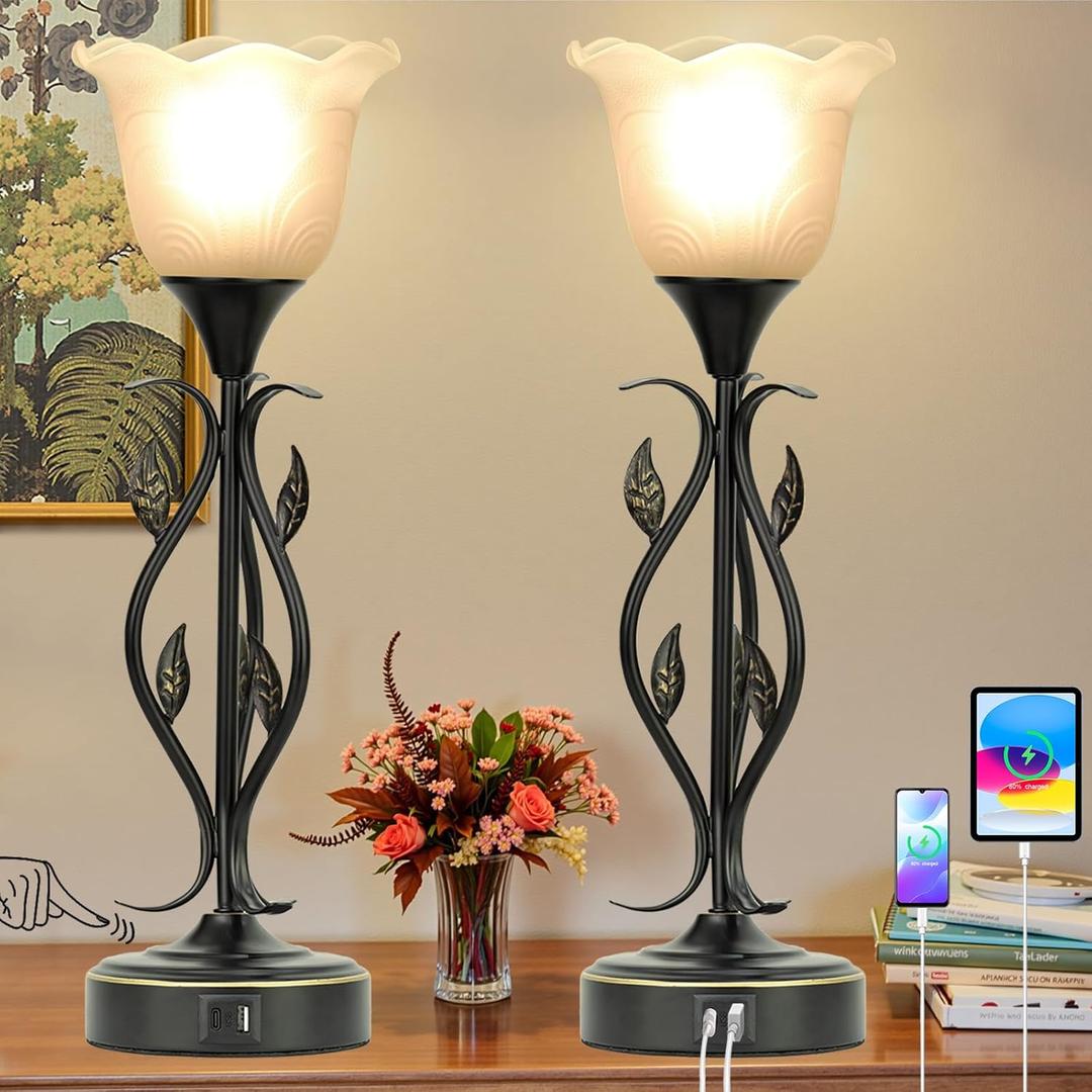 Bedside Lamps Set of 2, Table Lamp with USB Port 3 Way Dimmable Touch lamp Torchiere Nightstand Lamps with Rustic Vines Leaf and Glass Flower Shade lamp for Bedroom, Living Room, Office (Black)