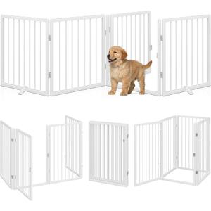 Vantas Folding No-Assembly Metal Pet Gate 80" Wide, 24" Extra Tall Dog Gate with Door Walk Through, Freestanding Accordion Puppy Gate Dog Door for Indoor & Outdoor, with 2PCS Support - White