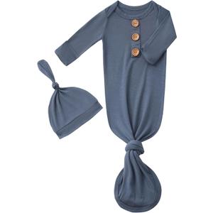 Newborn Baby Boys Girls Knotted Gown Hat Set Soft Bamboo Viscose Infant Sleeper Baby Sleep Gown with Mittens (0-3 Months, Navy)