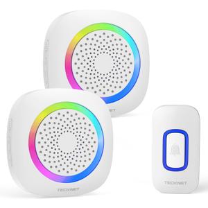 TECKNET Wireless Doorbell with 2 Portable Doorbells with RGB Light, Battery Powered IP66 Waterproof Door Chime Kit, 1300ft Wireless Range, 60 Chimes & 5 Level Volume, Using Time up to 4.5 Years