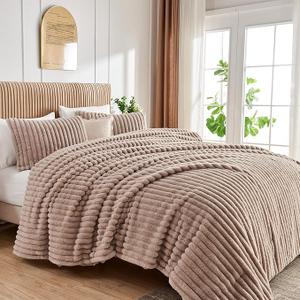 Soft Fluffy Rabbit Fur Comforter Set Shaggy Faux Fur Striped Bedding Set with Pillowcase Winter Warm Plush Fuzzy Bed Set 3 Piece(Khaki, Queen)