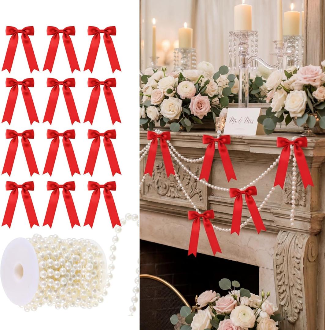 Riceshoot Christmas Tree Bows Decorations Include 12 Pcs Mini Satin Bows and 13.5ft Pearl Garland Bow Garland Banner for Party Xmas Tree Decor Home Wedding Birthday Wrapping (Red)