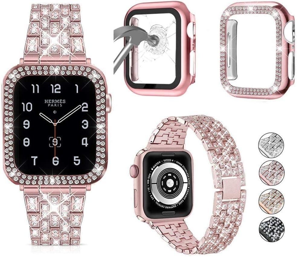 3-Pack Compatible For Apple Watch Band 38mm 40mm 41mm 42mm 44mm 45mm 46mm 49mm with Case, Bling Diamond Metal Band with Diamond Case + Screen Protective Cover For iWatch Series 10 9 SE 8 7 6 5 4 3 2 1 (Rose Pink, 41mm)