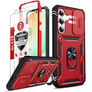 LeYi for Galaxy S25-FE Case, S25 FE Screen Protector Tempered Glass X 2 with S25 FE Phone Case, Samsung Galaxy S25 FE Phone Case Magnetic Stand, Shock Proof Cover para Samsung S25 FE, Red+Black