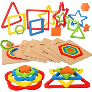Toddler Puzzles Montessori Toy Wooden Shape Sorting Puzzle Sensory Toy Toddler Activities Preschool Learning Educational Autistic Developmental 1 2 3 Year Old Girl Boy 1-3 Dementia Game Easter Gift