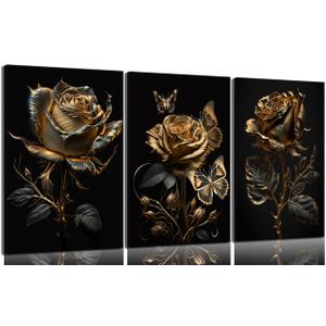 3pcs Black And Gold Rose Wall Art Abstract Plant Flowers Posters Prints Modern Floral Pictures Black Rose And Gold Leaf Canvas Wall Decor for Living Room Bedroom Bathroom Office Decoration Painting