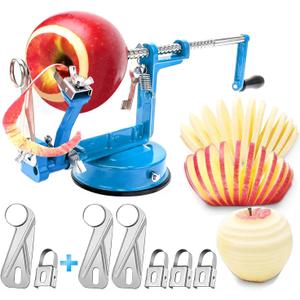 Apple Peeler Corer, Long lasting Chrome Cast Iron Apple Peeler Slicer Corer with Stainless Steel Blades and Powerful Suction Base for Apples and Potato(Blue)