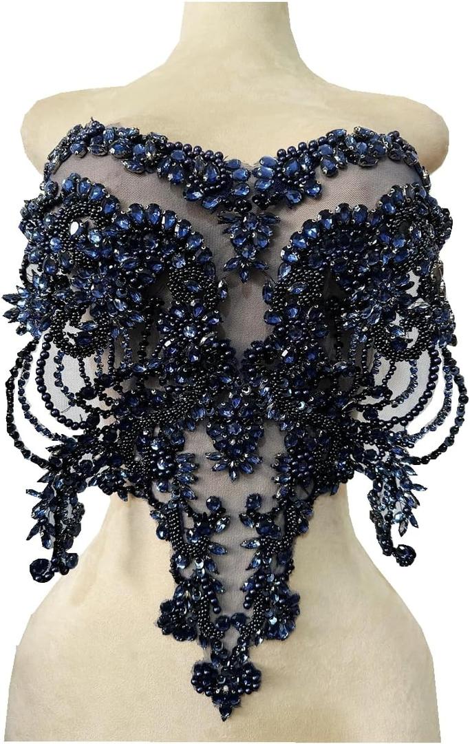 Handmade red/Blue/Gold/Green Rhinestones lace Bodice Applique Sewing Beads Crystal Trim Patches Accessory for Dress Clothes (Deepblue)