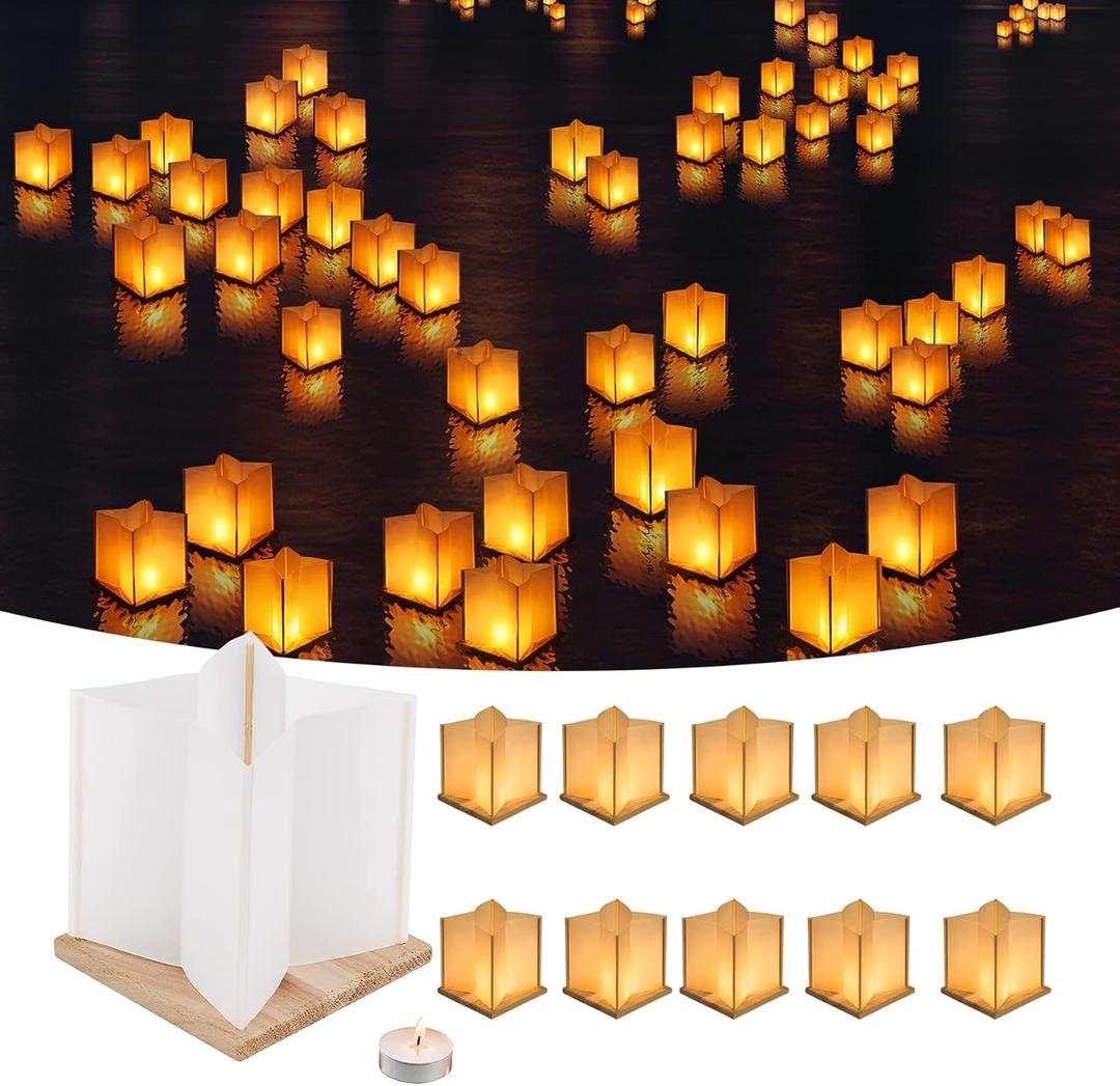 10Pack 6Paper Floating Candle Lantern,Wooden Water Lanterns with Candles,Outdoor Patio Decor for Pool Parties,Wedding,Memorials,Garden (10Lanterns with Candles)