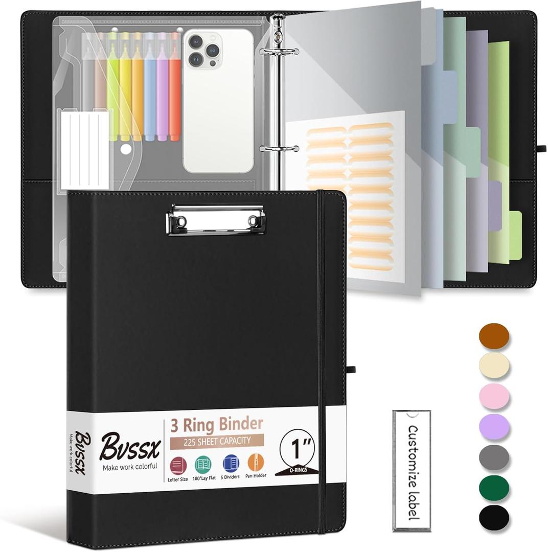 3 Ring Binder, 1 Inch Leather Binders with Clipboards, 5-Tabs Pockets Dividers, 18 Divider Stikers, Plastic Folder, Pen Holder, Three Ring Binder with Pen Holder(Black, Letter Size)