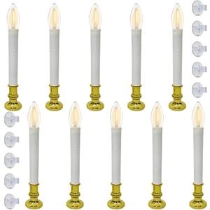10 Pack Battery Operated Christmas Window Candles Lights, Flameless Christmas Electric Window Candlestick with Timer, Gold Holders LED Candle Light for Indoor Party Table Xmas Window Christmas Decor (C26-4.5CM Base)