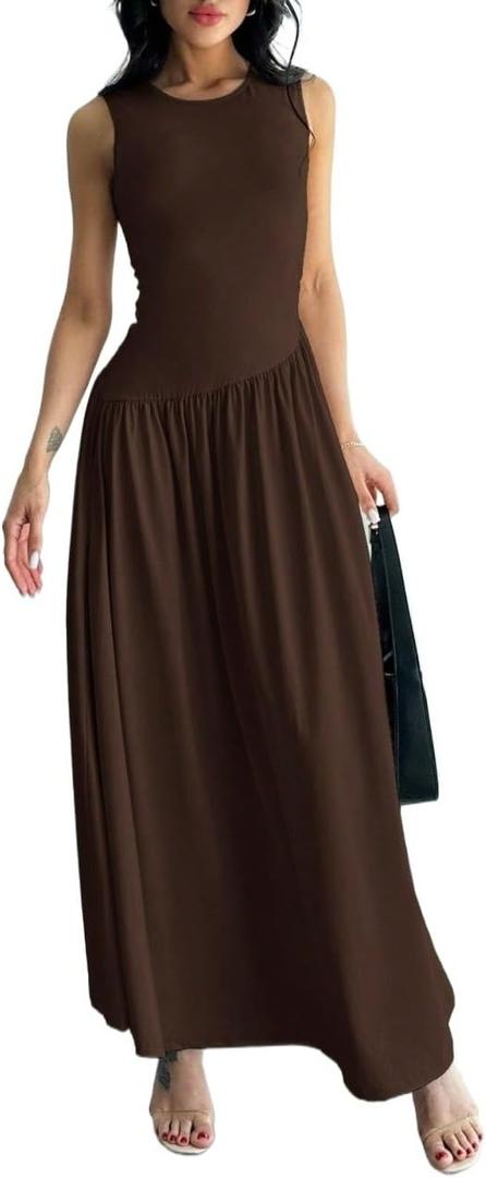 Women's Sleeveless Solid Color Round Neck Ruched Waist Long Dress Summer Dresses 2025 for Women (Coffee Brown, XL)