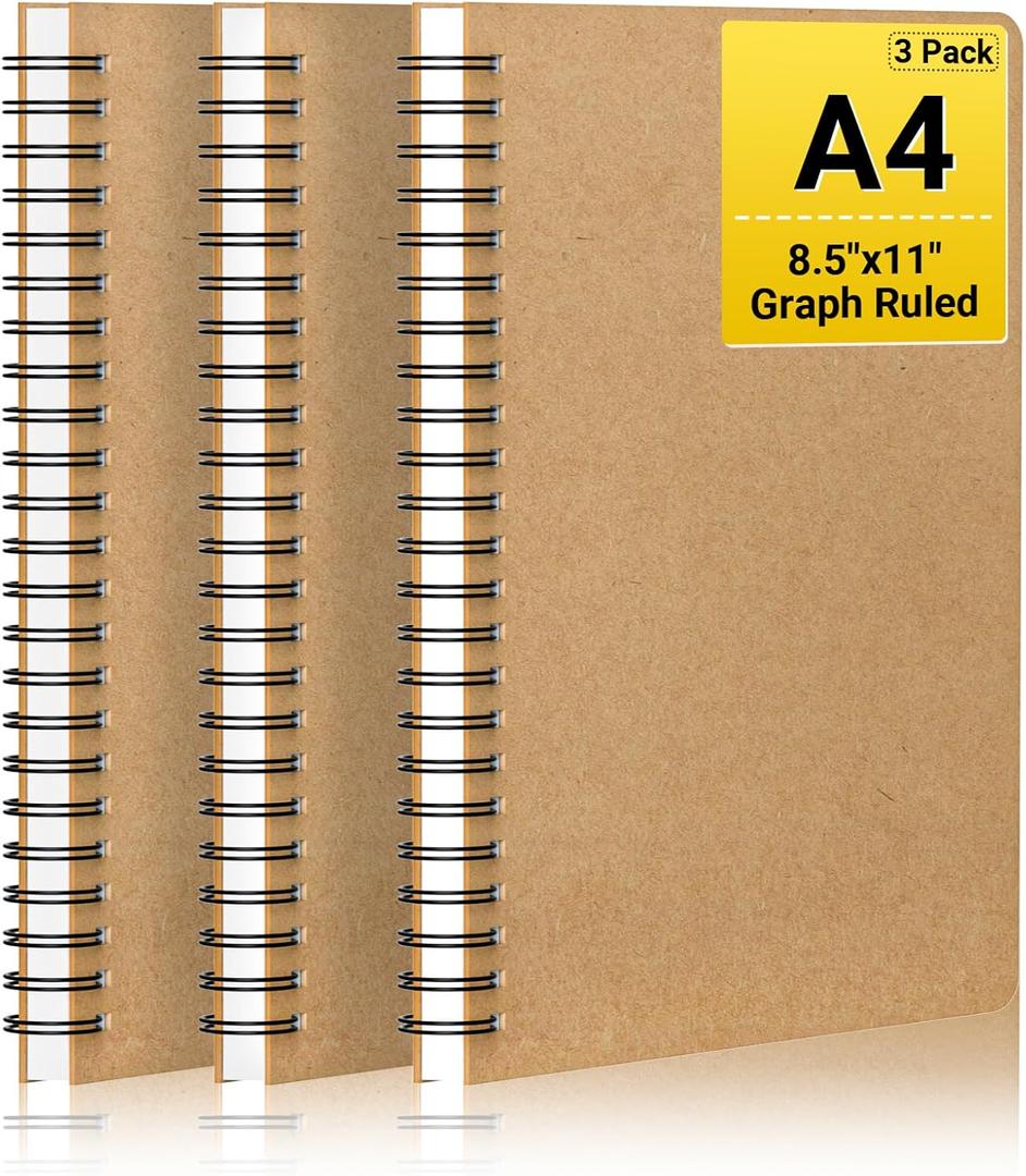 EUSOAR Graph Notebook Spiral, A4 3Packs 8.5"x11" 120 Pages Graphing Notebook, Hardcover Spiral Grid Graph Paper Notebook Composition for Math Science Engineering Artist Drawing-Kraft