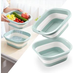 SINGARO 2.8 Gal (10.5L) Collapsible Dish Basin with Drain Basket Colanders, Multiuse Double-Layer Foldable Strainers Sink Tub, Collapsible Wash Basin Pan, Plastic Tubs, Dishpan, Kitchen Sink, Green